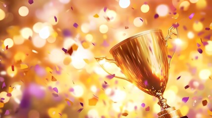 Wall Mural - a golden trophy surrounded by colorful confetti and sparkling lights, symbolizing victory.