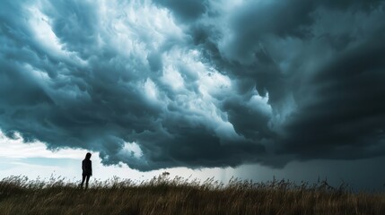 a person in contemplation beneath dark storm clouds