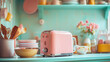 © sabyna75 - Vibrant retro kitchen with pink toaster highlighting mid-century design elements