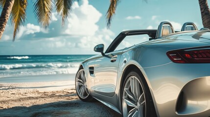 Wall Mural - Coastal car rental service featuring convertible cars parked near a beachside, ocean waves and palm trees in the distance