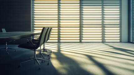 Wall Mural - a conference room with a table and chairs, and a window with blinds. the room is empty and the sun i