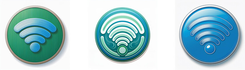 Fototapete - Three circular icons displaying varying designs of a Wi-Fi signal.  Each icon features a unique color scheme and style.
