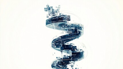 Abstract Digital Art: A Futuristic Spiral of Data and Technology in Motion on a White Background