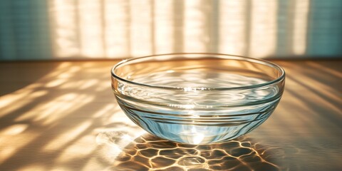 Wall Mural - A clear glass bowl filled with water creates beautiful light patterns and shadows on a wooden table in warm sunlight.