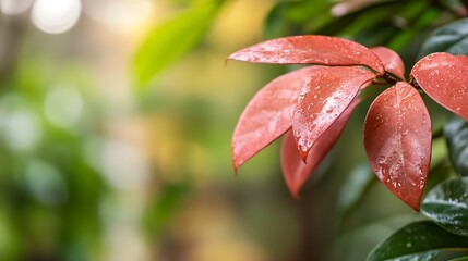 Poster - Dew-Kissed Red Leaves with Soft Focus Background in Natural Garden Setting : Generative AI