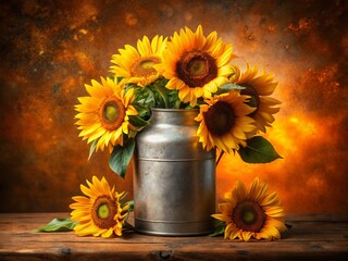 Vibrant Yellow Sunflowers in Rustic Milk Can - Orange Background Stock Photo