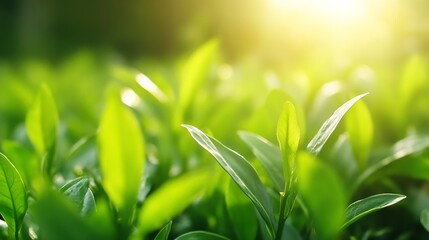 Aufkleber - Closeup of Vibrant Green Plants Illuminated by Warm Sunlight in Nature Setting : Generative AI