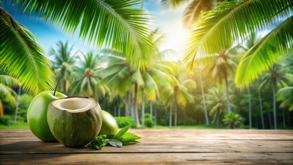 Wall Mural - A single coconuts cut out from a bunch of green coconut trees in a tropical landscape with a blurred background, green, leaves