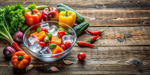 Wall Mural - Ice cube floating in a bowl of colorful vegetables on a rustic wooden table, snow, ice,  snow, ice, natural