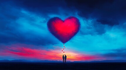 Wall Mural - Serene Romantic Moment Captured at Sunset with Heart-Shaped Clouds and Silhouetted Couple Against a Colorful Evening Sky