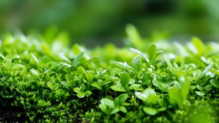 Poster - Close-up of Lush Green Mossy Ground with Dew-Kissed Leaves in a Natural Forest Setting : Generative AI