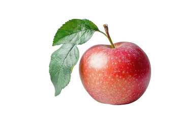 Fresh red apple with green leaf against a plain white background showcasing its vibrant color and natural beauty