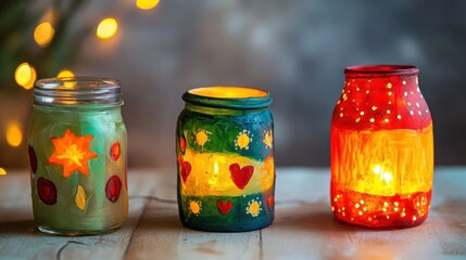 Wall Mural - Creative holiday crafts using recycled jars and paint, transformed into glowing festive lanterns