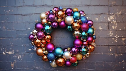 Wall Mural - Creative holiday wreath made entirely of ornaments in colorful metallic shades for a bold statement