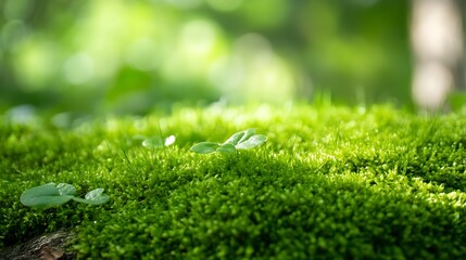 Poster - Beautiful Soft Green Moss with Delicate Leaves in Lush Forest Environment : Generative AI