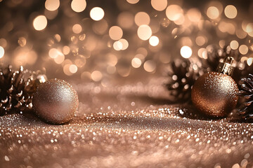 Wall Mural - Christmas brown and gold luxury abstract bokeh background. Blurred glitter lights and sparkles. Magic festive backdrop for holiday, birthday, New Year, Christmas. Mocha mousse - color 2025