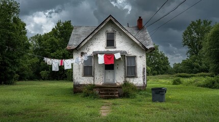 Wall Mural - an old house with clothes hanging on the line