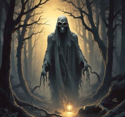 Illustration of glowing ghost in creepy forest.