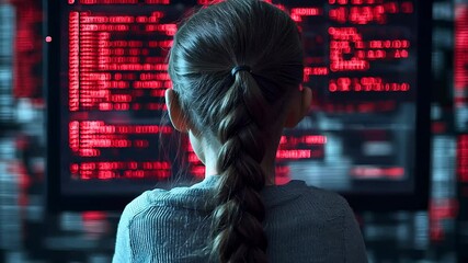 A young girl with braided hair facing multiple red digital code-filled screens, symbolizing cybersecurity, programming, and data analysis.