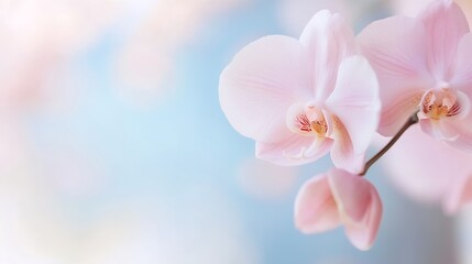 Aufkleber - Delicate Pink Orchid in Soft Focus Against Blue Pastel Background for Floral and Nature Themes : Generative AI