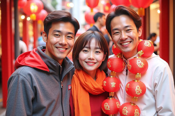 Three people standing together smiling with red lanterns around