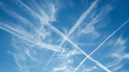 Wall Mural - A blue sky with white clouds and contrails.