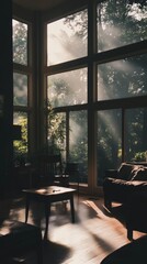 Wall Mural - A living room with a couch, a chair, a table, and a potted plant. The room is filled with sunlight