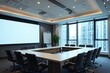 © SR Creative Idea - Modern Conference Room with Large Screen City View and Table for Meetings