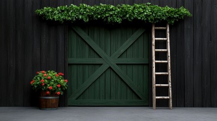 Wall Mural - a wooden door with a ladder and a potted plant