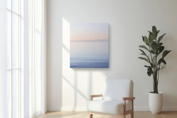 Wall Mural - A serene minimalist living space featuring a modern armchair, ocean-themed artwork, and a potted plant by a sunlit window.