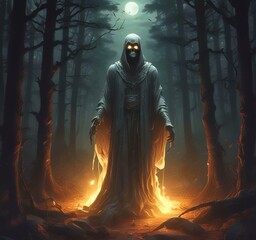 Wall Mural - Illustration of glowing ghost in creepy forest.