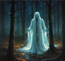 Wall Mural - Illustration of glowing ghost in creepy forest.