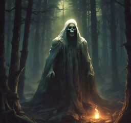 Wall Mural - Illustration of glowing ghost in creepy forest.