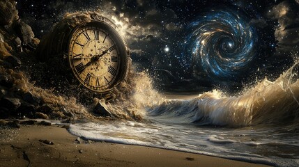 The passage of time visualized as an ancient clock melting into a river of sand, with distant stars spinning overhead