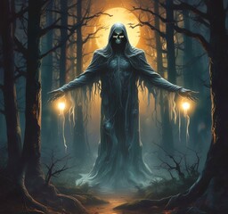 Illustration of glowing ghost in creepy forest.