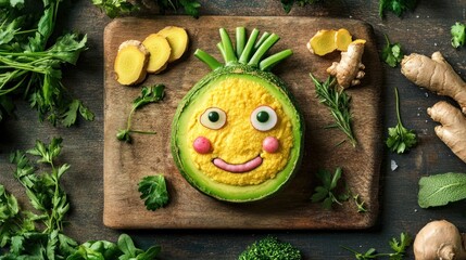 Canvas Print - Fun food creation of an avocado face with various fresh vegetables and herbs on a wooden cutting board.