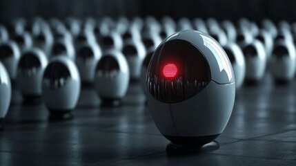 A single robot sphere with a red light stands out from a row of identical robots in a dark setting