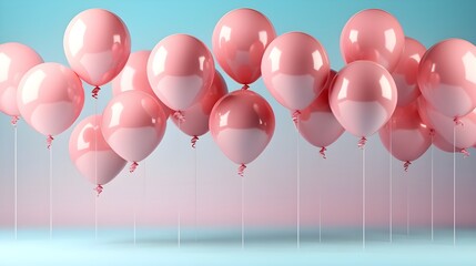 Wall Mural - A 3D rendering of pastel balloons floating against a soft pink background, with ample copy space for a birthday party celebration design.