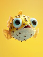 Wall Mural - A quirky and adorable cartoon pufferfish, floating with a slight tilt, in front of a soft pastel yellow background. 