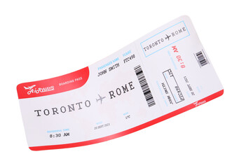 One airplane ticket isolated on white. Traveling abroad