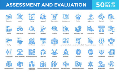 Poster - Assessment and Evaluation icon set with evaluation, analysis, testing, appraisal, examination, measurement, review, judgement, diagnosis, audit. Simple retro vector 
