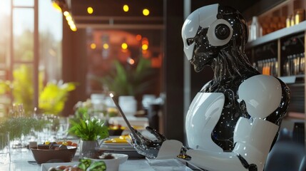 Humanoid Robot Using a Tablet at a Modern Restaurant Table