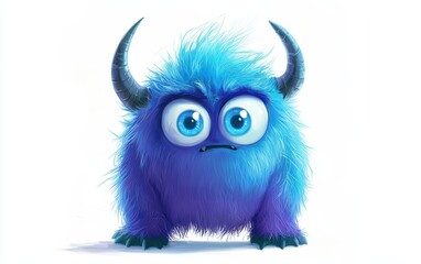 funny Fluffy bright monster with horns and big blue eyes, cartoon charachter standing on a bright white background