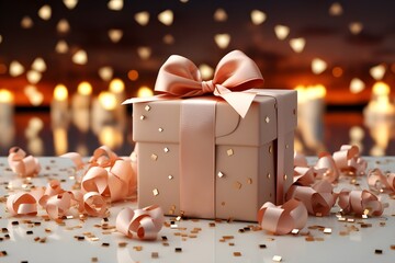 Wall Mural - A beautifully wrapped 3D gift box with bows and ribbons on a white podium, scattered with confetti, ideal for Christmas, New Year, or sales promotions, captured in realistic HD, in