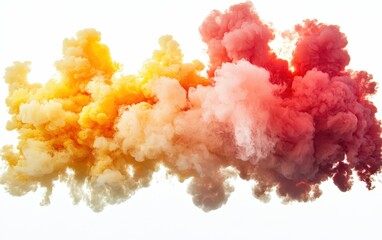 Abstract formation of vibrant red, yellow, and orange smoke clouds blending together on a white background