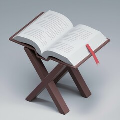 Fototapete - A book rests open on a simple wooden book stand, ready for reading.