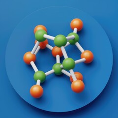 Poster - A 3D model of a molecule with orange and green atoms connected by white bonds.