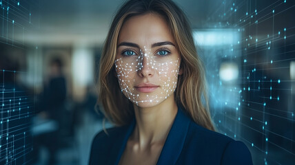 Wall Mural - woman with facial recognition overlay: a professional woman gazes directly at the camera, her face o