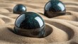 © Chaikit - contemporary zen garden close-up, polished stone spheres nestled in flowing sand patterns, serene composition, architectural detail photography, natural materials, mindful arrangement