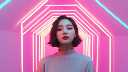 Poster - Neon Mirror Maze Experience Trendy Immersive Design with Vibrant Lights for Experiential Marketing and Urban Lifestyle - Targeting Asian Millennials in Modern Retail Spaces